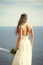 Young bride. Pretty girl or beautiful bride on blue sea Royalty Free Stock Photo