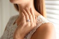 Young bride wearing beautiful engagement ring, closeup