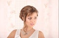 Young Bride with Wedding Tiara on Wooden Background Modern Bridal Style