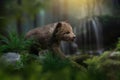 Young brown bear cub in the forest on waterfall background. Animal in the nature habitat Royalty Free Stock Photo