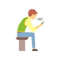 Young brown-haired boy sending Hi message on his phone. People finding love using love chat. Vector colorful