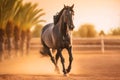 Young brown horse galloping, jumping on the field on a neutral background. Neural network AI generated Royalty Free Stock Photo