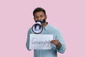 Young brown man with taped mouth holding megaphone and paper with censorship word. Royalty Free Stock Photo