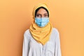 Young brunette arab woman wearing traditional islamic hijab and medical mask looking positive and happy standing and smiling with Royalty Free Stock Photo