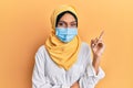 Young brunette arab woman wearing traditional islamic hijab and medical mask smiling happy pointing with hand and finger to the Royalty Free Stock Photo