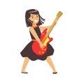 Young brunette girl in black dress playing guitar. Colorful character vector Illustration