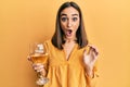 Young brunette girl drinking a glass of white wine scared and amazed with open mouth for surprise, disbelief face Royalty Free Stock Photo