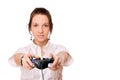 Young brunette girl with a joystick Royalty Free Stock Photo