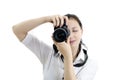 Young brunette girl with photocamera Royalty Free Stock Photo