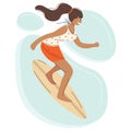 A young brunette is surfing against the backdrop of the waves. Isolated icon beauty concept girl woman character Royalty Free Stock Photo