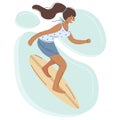 Young brunette girl surfing on a background of waves. Isolated icon beauty concept woman character relaxing with board Royalty Free Stock Photo