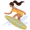 Young brunette girl surfing the surfboard on the surfboard. Isolated icon beauty concept woman character in swimsuit