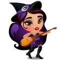 Young brunette girl in a witch hat playing a musical instrument isolated on white background. Sketch for poster or card Royalty Free Stock Photo