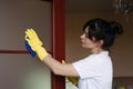 Young brunette housewife cleaning door with rag.