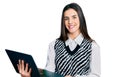 Young brunette teenager working using computer laptop looking positive and happy standing and smiling with a confident smile Royalty Free Stock Photo