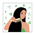 Young brunette woman character combs her long loose hair. Natural herbal cosmetics wooden comb made from eco friendly materials.