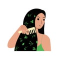Young brunette woman character combs her long loose hair. Natural herbal cosmetics wooden comb made from eco friendly