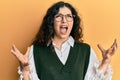 Young brunette woman with curly hair wearing casual clothes and glasses crazy and mad shouting and yelling with aggressive Royalty Free Stock Photo