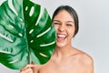 Young brunette woman holding green plant leaf close to beautiful face smiling and laughing hard out loud because funny crazy joke Royalty Free Stock Photo