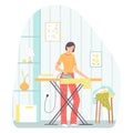 Young brunette woman ironing clothes. Housework concept . Vector illustration for banners, posters, postcard . Cartoon style
