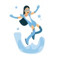 Young brunette woman in a light blue superhero costume flying over the water Illustration Royalty Free Stock Photo