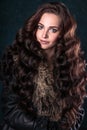 Young brunette woman with perfect natural makeup and hair style wearing furs. Royalty Free Stock Photo