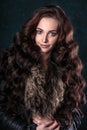 Young brunette woman with perfect natural makeup and hair style wearing furs. Royalty Free Stock Photo