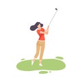 Young Brunette Woman Playing Golf, Female Athlete Golfer Training with Golf Club on Course with Green Grass, Outdoor