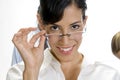 Young brunette woman posing with her eyewear