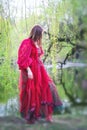 Young  brunette woman in red gown walking barefoot in nature Royalty Free Stock Photo