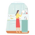 Young brunette woman washing dishes in the kitchen. Housework concept. Vector illustration for banners, posters, postcard . Royalty Free Stock Photo