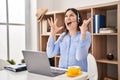 Young brunette woman wearing call center agent headset crazy and mad shouting and yelling with aggressive expression and arms Royalty Free Stock Photo