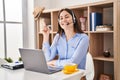 Young brunette woman wearing call center agent headset smiling happy pointing with hand and finger to the side Royalty Free Stock Photo