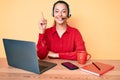 Young brunette woman wearing operator headset at the call center office smiling happy pointing with hand and finger to the side Royalty Free Stock Photo