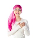 Young brunette woman wearing pink head scarf Royalty Free Stock Photo