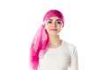 Young brunette woman wearing pink head scarf Royalty Free Stock Photo