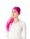 Young brunette woman wearing pink head scarf