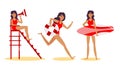 Young brunette women beach lifeguards in red swimsuites vector illustration