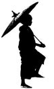 Young Buddhist Monk Carrying Umbrella, Black and White Silhouette