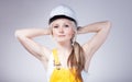 Young builder woman construction worker, resting Royalty Free Stock Photo