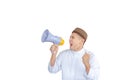 Young business Arab Middle East muslim man with clipping path shouting by megaphone over white background
