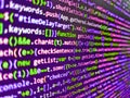 Young business crew wor. Programming code on computer monitor. Software source code. Software data monitor new function. Hacker Royalty Free Stock Photo