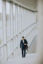 Young business executive with briefcase going up the stairs Royalty Free Stock Photo