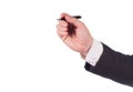 Young business man in black suit holding pencil and writes on blank glass screen for adding text and graphic Royalty Free Stock Photo