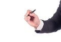 Young business man in black suit holding pencil and writes on blank glass screen for adding text and graphic Royalty Free Stock Photo