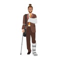 Young business man with broken leg bandage cast walking using crutches Royalty Free Stock Photo