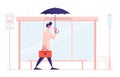 Young Business Man City Dweller with Umbrella and Briefcase Stand on Bus Station in Rain. Bad Rainy Weather in City Royalty Free Stock Photo