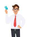 Young business man in formal wear with red colour tie holding or showing a credit Debit, ATM card. Male character design.