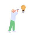 Man cartoon character looking via binocular at glowing lightbulb finding creative idea for business Royalty Free Stock Photo