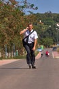 Young business man going to work with inline skate, alternative transport Royalty Free Stock Photo